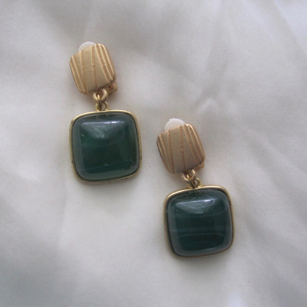 Byzantine Green Gripoix Gold Clip On drop earrings